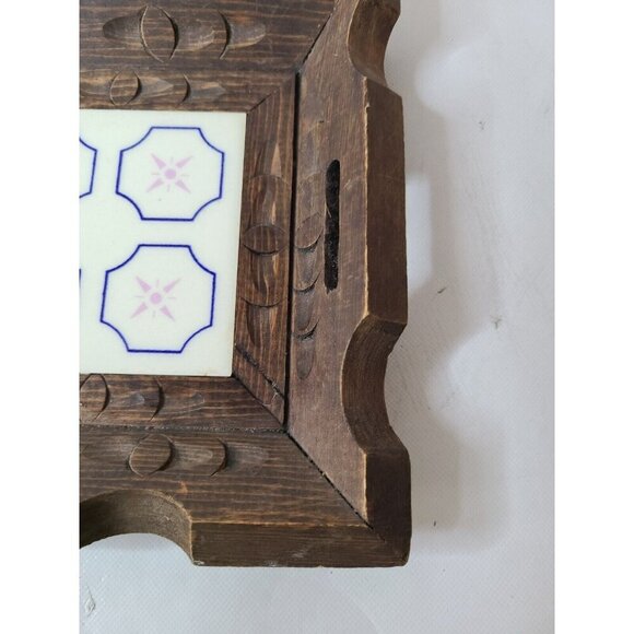 Vintage Hand Carved Wood Tray With Tile Center Rustic Traditional Decorative 14" - Picture 2 of 8